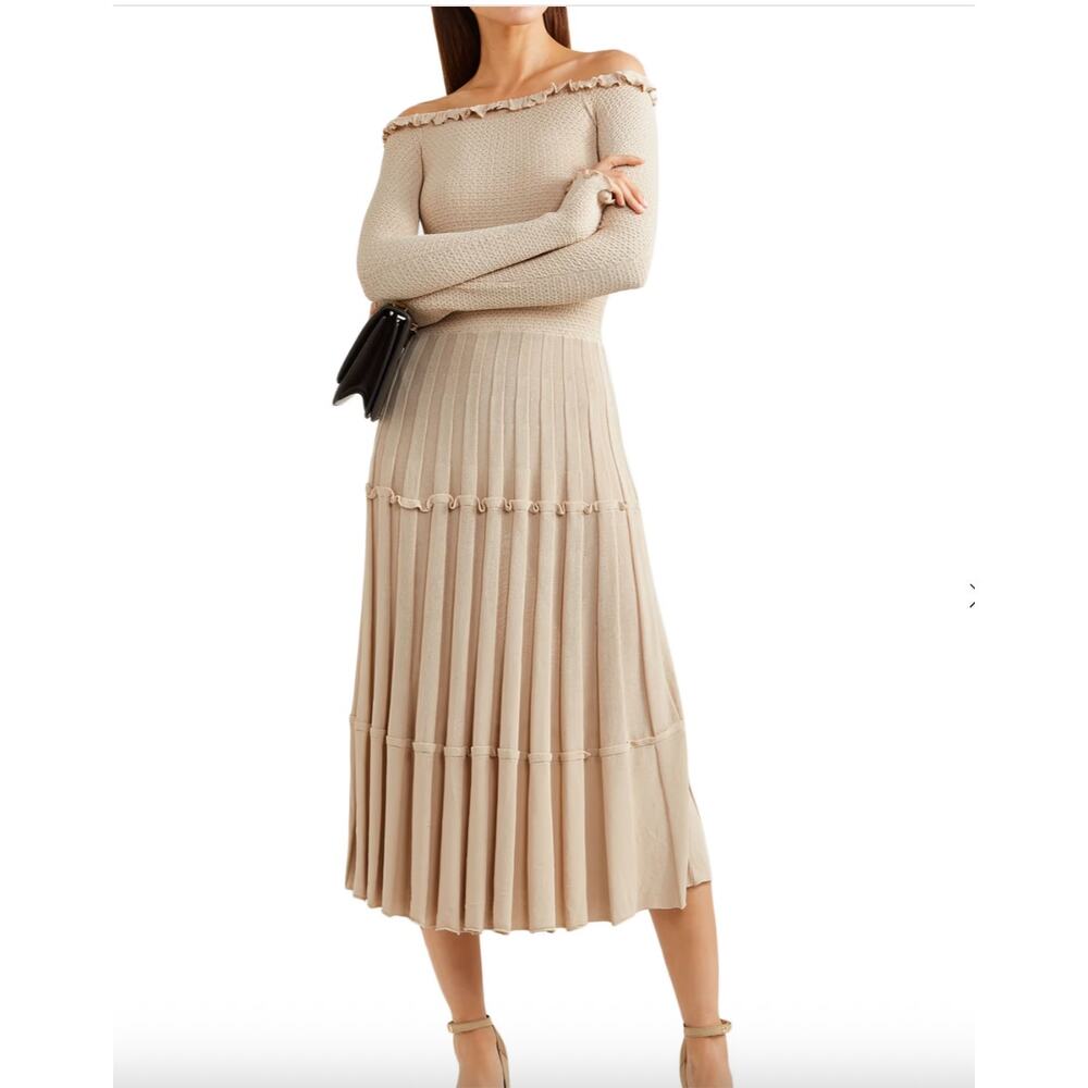 Altuzarra Alisha Off-the-Shoulder Pleated Knit Midi Dress Size XL